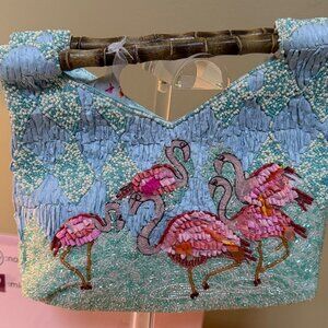 New Release Made In India Viral Beaded Bag Flamingos with Bamboo Handles NWT